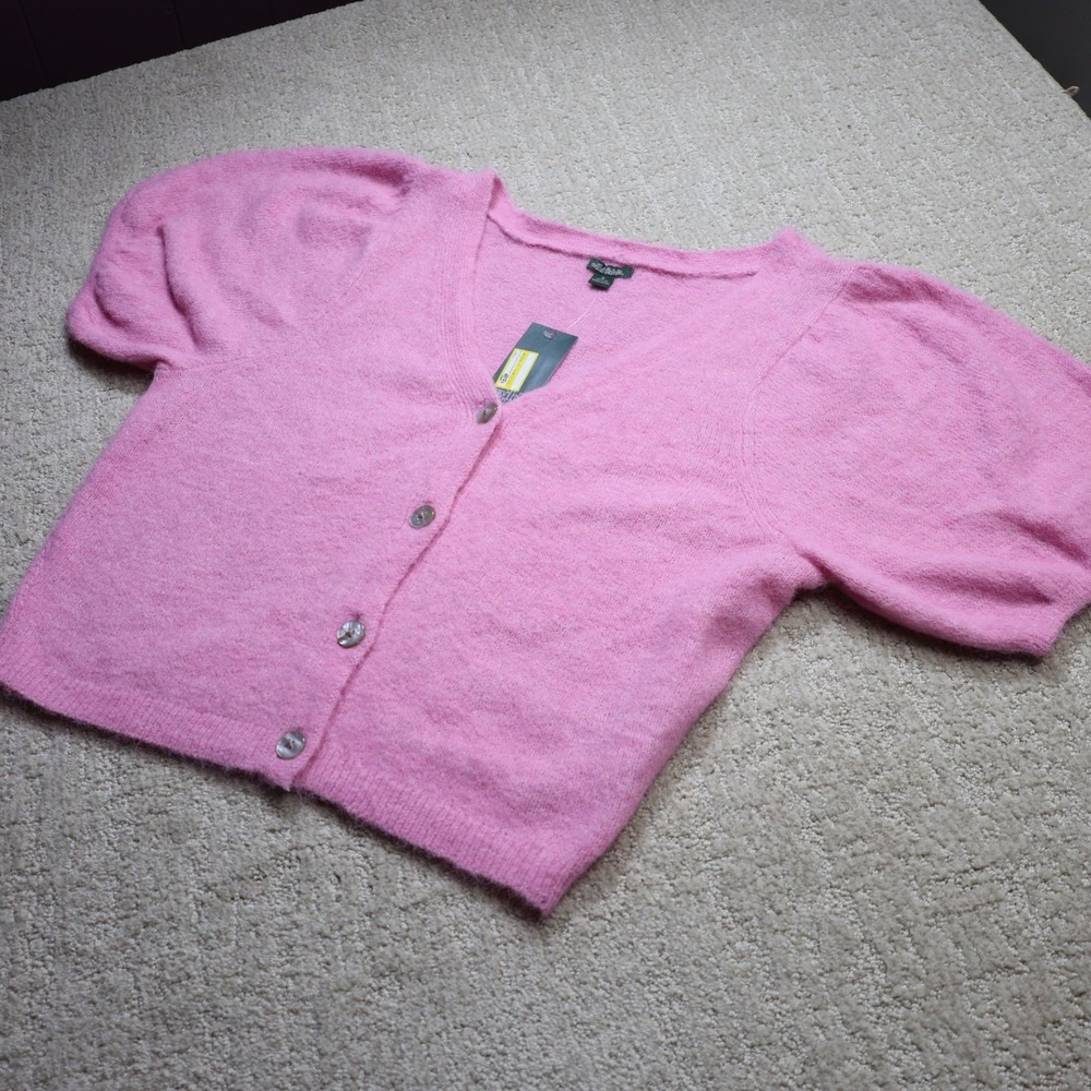 Wild Fable Womens Puff Short Sleeve Cardigan Rose Pink V-Neck Cropped Sweater M